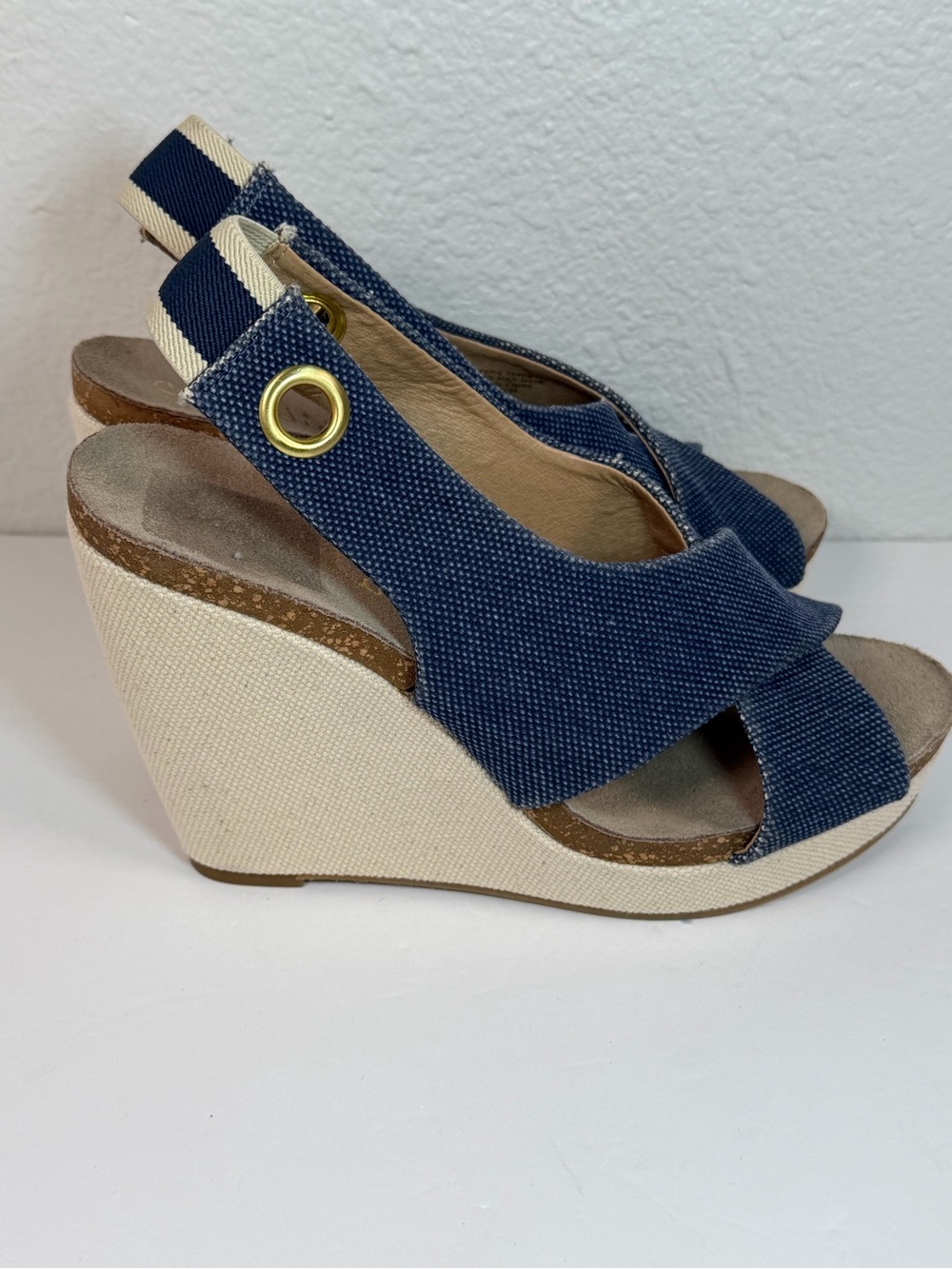 Splendid Wedge Sandals Women 8.5M Blue Canvas Cork Platform Slingback - Picture 5 of 11